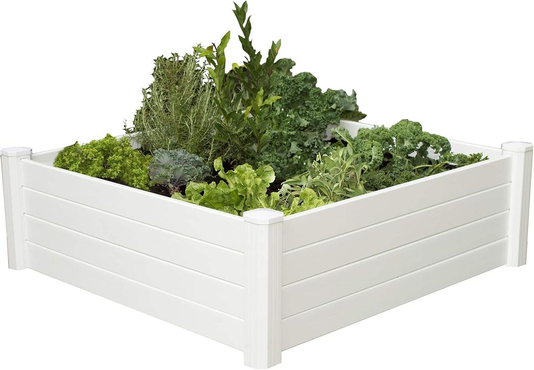 NuVue Products 26001 Premium Outdoor Raised Garden Bed for Growing Edible Plants and Flowers, BPA-Free Woodgrain Panel Elevated Planter Box, 48 L x 48 W x 15 H, White