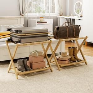 oakvivo Fully Assembled Luggage Racks Pack of 2, Bamboo 26.77" Folding Luggage Rack Stand for Guest Room, 5 Nylon Straps, Suitcase Stand with Storage Shelf for Bedroom Hotel, Heavy Duty, Natural