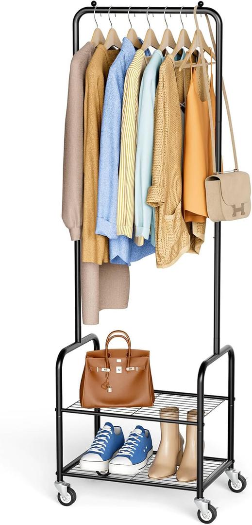 AOODA Small Clothes Rack with Shelves, Metal Sturdy Rolling Clothing Racks for Hanging Clothes, Portable Garment Organizer with Wheels for Shirts, Coats, Shoes, Bags (Black)