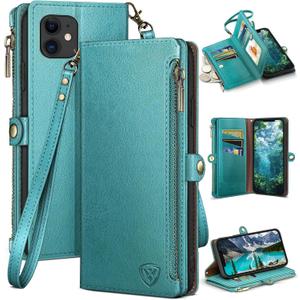 XcaseBar for iPhone 12/12 Pro 6.1" Wallet case with Zipper Credit Card Holder RFID Blocking, Flip Folio Book PU Leather Phone case Shockproof Cover Women Men for Apple 12 case Blue Green
