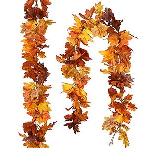 DearHouse 2 Pack Fall Maple Leaf Garland - 5.9Ft/Piece Hanging Vine Artificial Autumn Foliage for Thanksgiving, Home, Wedding, Fireplace, Party, Christmas Decor (Light Orange)