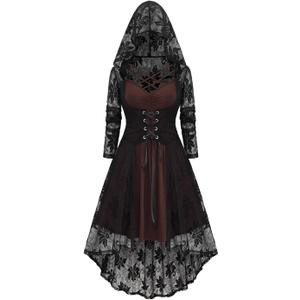 ROSE GAL Womens Plus Size 2pcs Witch Halloween Costume Gothic Lace Hooded Dress (Coffee)