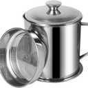 Tellshun Bacon Grease Container with Strainer 1.8 L / 60 oz Kitchen Catcher Food-grade Stainless Steel Cooking Oil Keeper with Lid and Easy-Grip Handle Suitable for Storing Frying Oil