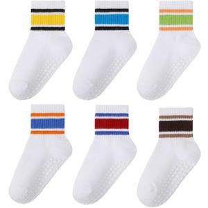 2 x 6 Pairs Toddler Grip Socks with Stripe Heart Age 1-5 Years | Soft combed cotton, Stretchy Cuff, Seamless Socks for Boys Girls Back to School