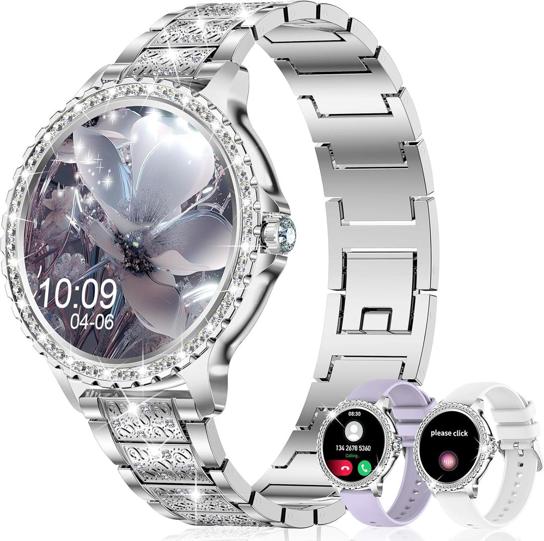 Smart Watch for Women with Diamonds (Answer/Make Call),1.32''Full Screen Smart Watch for Android /iOS,Fitness Tracker with Heart Rate/Blood Oxygen/Sleep Monitor/AI Voice Watches for Women,3 Straps (Silver)