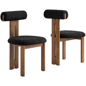 Modway Torian Upholstered Boucle Dining Chairs Set of 2 in Walnut Black - 3-Legged Farmhouse Kitchen Chairs - Mid-Century Modern Armless Accent Chairs - Comfortable Side Chairs with Wood Legs
