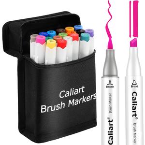 Caliart Markers Brush & Chisel, 18 Colors Alcohol Markers for Adult Coloring Book, Dual Tip Art Pen Set for Artist Illustration Sketch Drawing Gift
