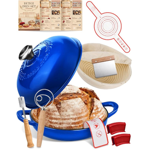 Dutch Oven Bread Baking Pot with Lid 6QT Cast Iron Design & Complete Sourdough Kit (Banneton Basket, Dough Tools, Silicone Sling) for Artisan Bread Making (Black)