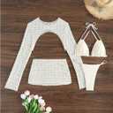 Milumia Women's 4 Piece Bikini Set Textured Halter String Triangle Swimsuit with Cover Up (White, XL)