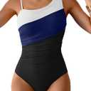 One Shoulder One Piece Swimsuit for Women Tummy Control Bathing Suits Color Block Ruched Swim Suit Slimming Swimwear (Large, White Blue and Black)