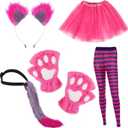 Suhine 5 Pcs Halloween Pink Purple Striped Cat Costume Include Cat Ears Tail Striped Legging Tutu Skirt Gloves for Girl Women (Large)