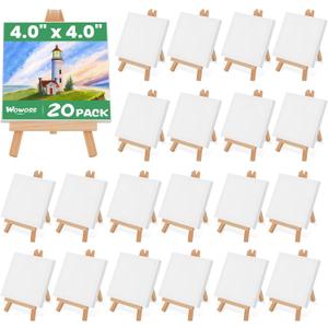 20 Pack Mini Stretched Canvas with Wooden Easel, 4x4 Inch, Art Primed Canvases for Kids Painting, Acrylic Pouring, Oil Paint & Wet Art Media