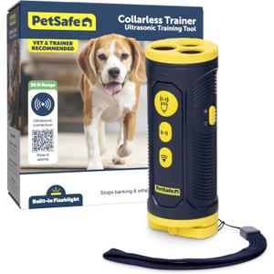 PetSafe Collarless Trainer Ultrasonic Bark Deterrent Handheld Anti Bark Device High-pitched Sound, Flashing Light and Variable Tone Rechargeable Battery Flashlight Wrist Strap