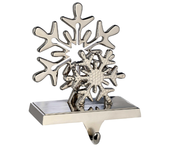 Sunepany Silver Snowflake Christmas Stocking Holders for Mantle Stocking Hangers Set of 2 Stocking Hooks Fireplace Mantel Decor