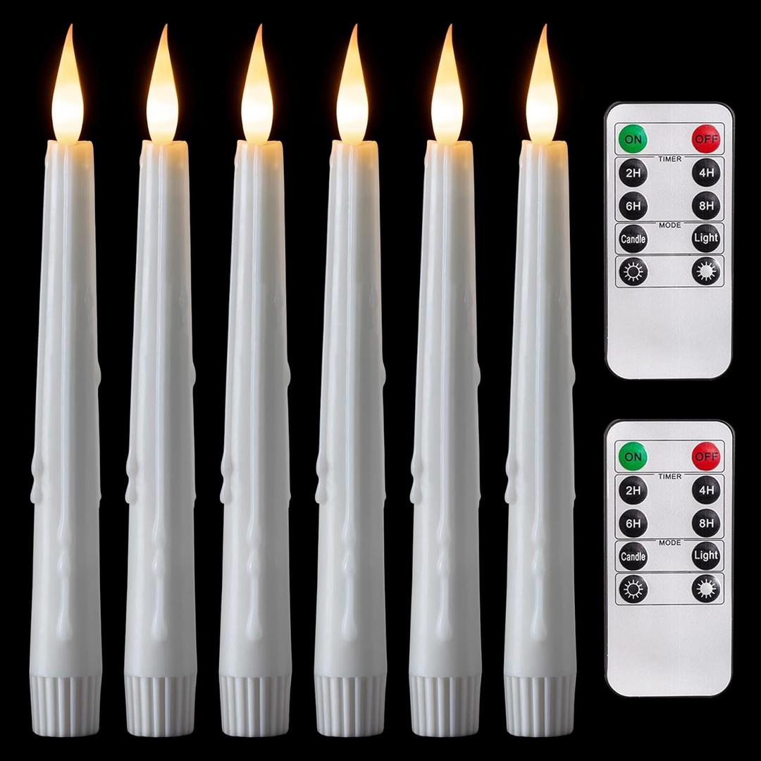 5plots White Real Wax Flameless Taper Candles with Remote, Dimmer, Timer, Battery Operated, Flickering Flame, Realistic Drip Wax Look Window Candles for Home, Holiday Decor, 8 Inch, 6 Pcs