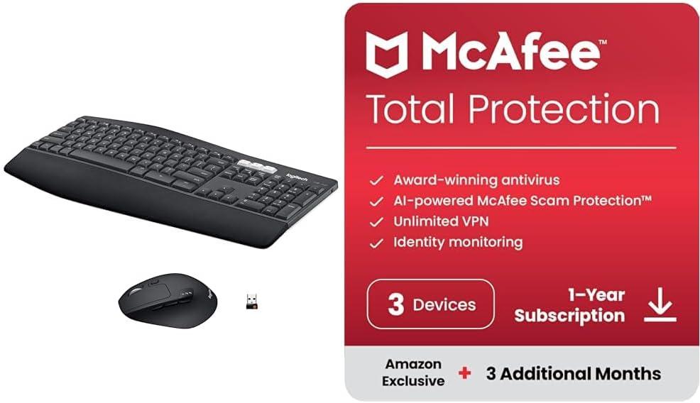 Logitech MK850 Performance Wireless Keyboard and Mouse Combo + McAfee Total Protection 2024 Ready | 3 Devices | 15 Month Subscription | Cybersecurity Software