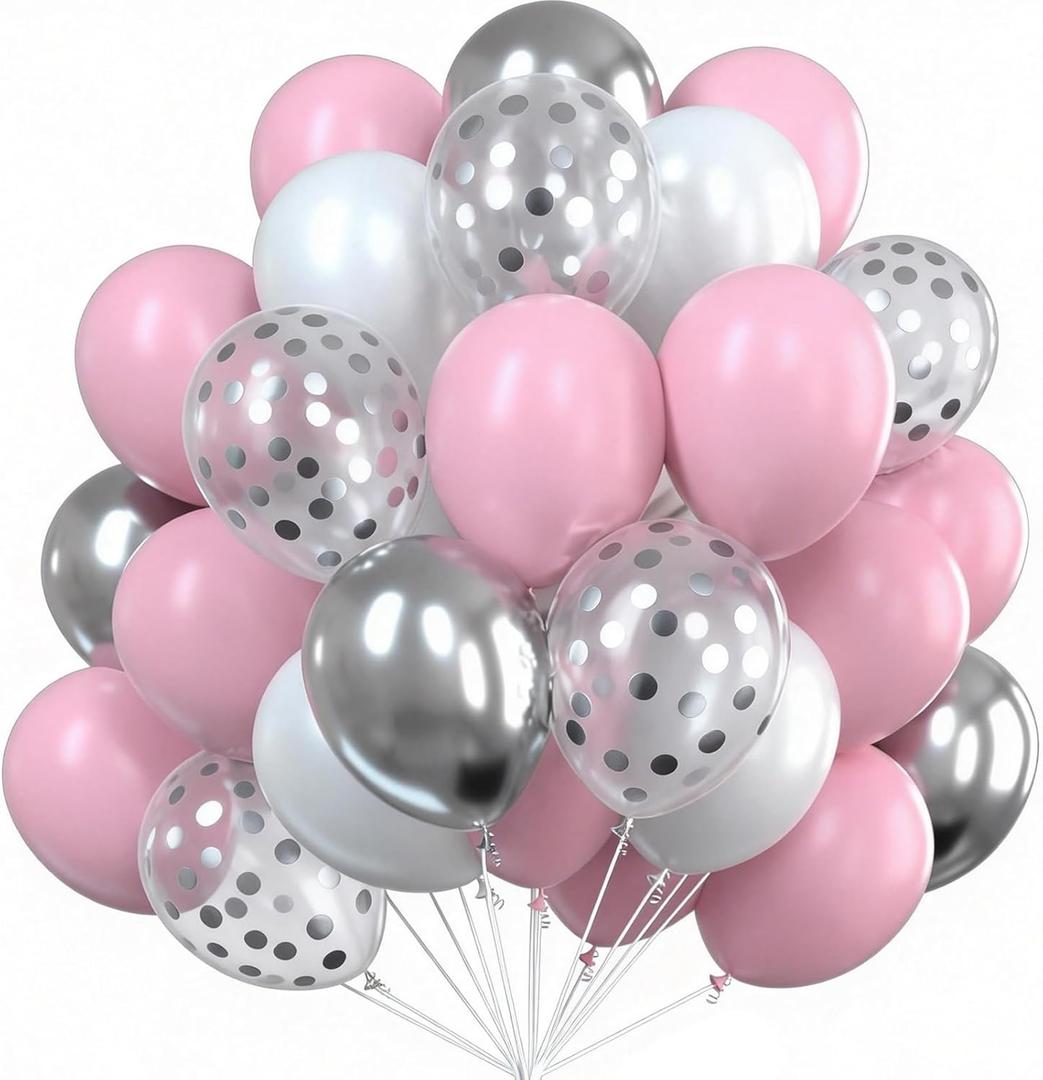 PartyWoo Pink White and Silver Balloons 66pcs 12 Inch Baby Pink Pearl White Silver Confetti Balloons for Graduation Baby Shower Birthday Gender Reveal Anniversary Bachelorette Party Decorations