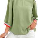 Tankaneo Womens 3/4 Sleeve Puff Tops Casual Loose Fit Patchwork Blouse Crew Neck T Shirts Tunic (L)