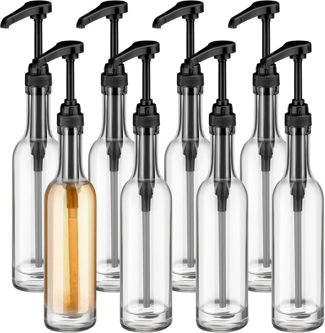 Baderke 8 Pack Glass Coffee Syrup Dispenser Bottles for Bar, 375ml Coffee Pump Dispenser, Glass Syrup Bottle with Pumps, Bar Accessories Clear Bottles(Black)