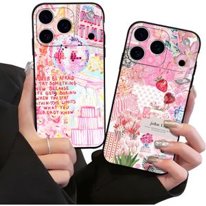3 x 2 Pack Preppy Collage Phone Case for iPhone 17 Pro,Cute Flower Aesthetic Floral Cases Cool Y2K Strawberry Pattern Cover for Women Girls,Black Slim Protection Funda for iPhone 17 Pro 6.3 Inch