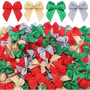 Syhood 150 Pcs Christmas Mini Bow Tiny Twist Tie Handmade Craft Ribbon Bow Hair Small Holiday Ribbon Craft Supply for DIY Sewing Party Decor (Gold, Silver, Red, Green)