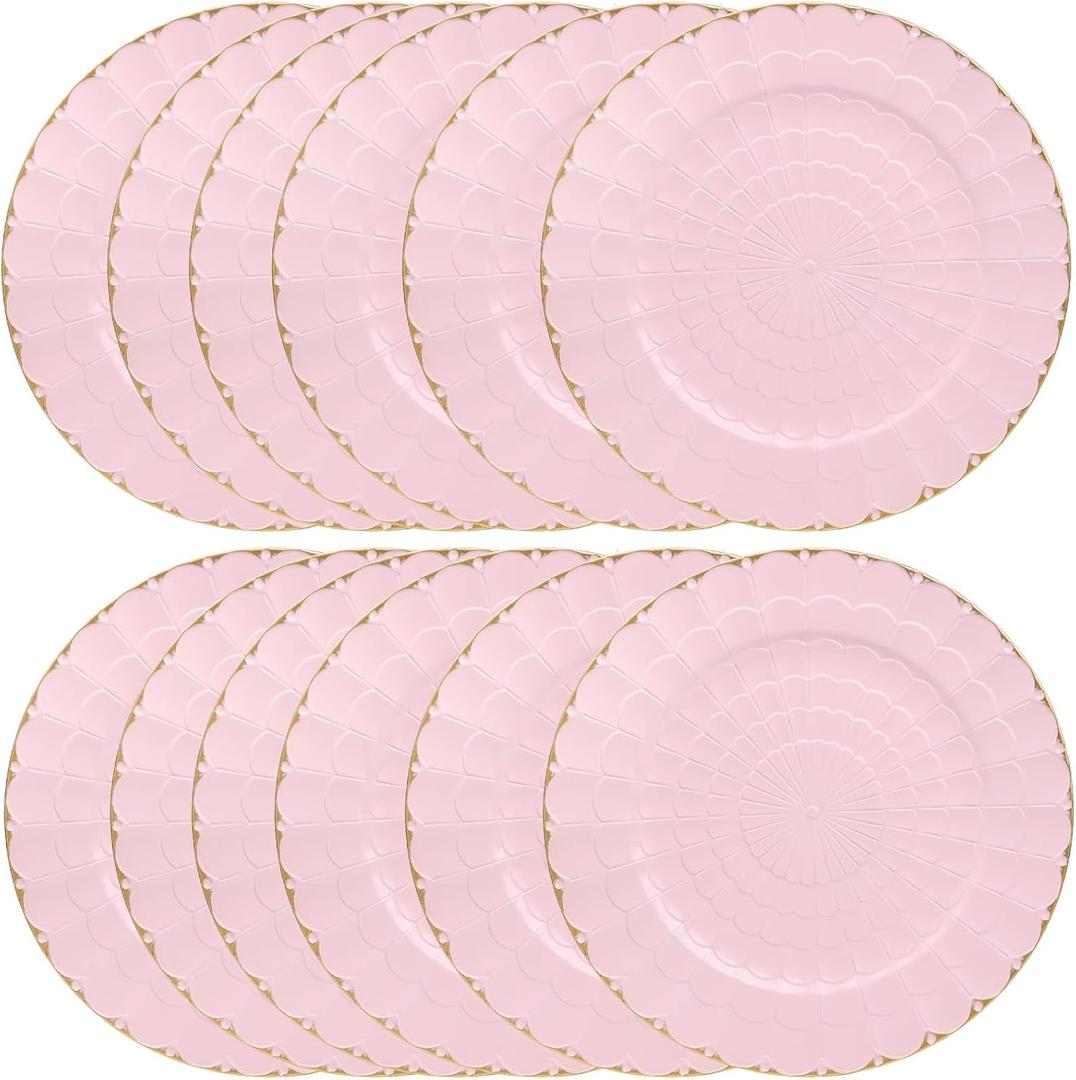 Pink Chargers Plates Set of 12, Plastic Decorative Charge Plates for Dinner, Table Setting, Holiday, Thanksgivng, Christmas