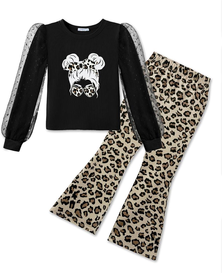 Arshiner Toddler Girls 2 Piece Outfits Fall Clothes Knit Tulle Puff Sleeves Top and Flare Pants Set for Girl 2-8Y (Black)