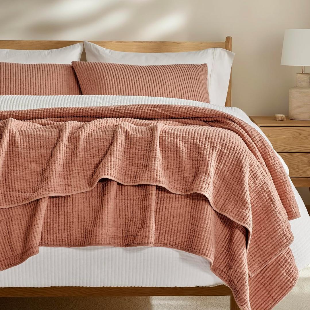 EVERGRACE Cotton Coverlet Set Full Queen Size 3 Pieces, Lightweight Soft Ribbed Matelassé Bedspread Quilt Set, Cozy Oversized Quilted Bedding Set with 2 Pillow Shams for All Seasons, Clay