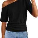 MEROKEETY Women's Off The Shoulder Short Sleeve Tops 2026 Summer Casual Going Out Trendy Y2k T Shirts (Black, XXL)