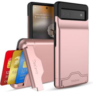 Teelevo Dual Layer Wallet Case for Google Pixel 6a (2022), Protective Case with 3-Card Storage for Google Pixel 6a - Rose Gold
