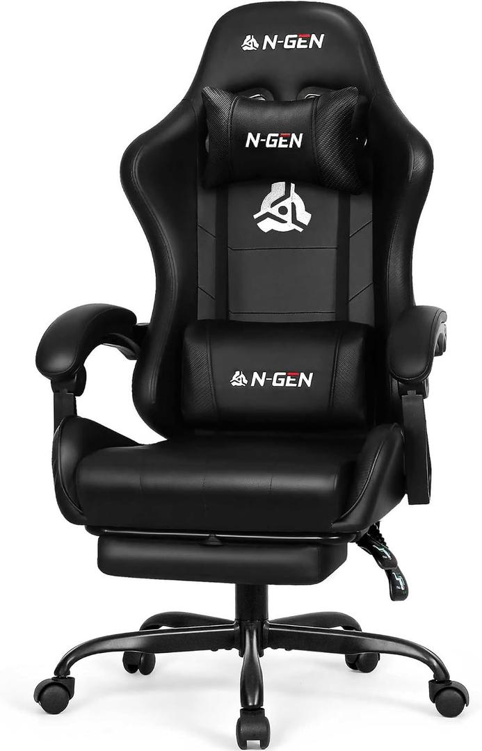 N-GEN GAMING Video Gaming Chair with Footrest Lumbar Support for Home Office High Back Recliner Height Adjustable Ergonomic Comfy Leather Computer Desk Chair (Carbon Black)