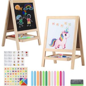 Tabletop Painting Wooden Art Easel for Kids - 4-in-1 Double-Sided Drawing Board for Toddlers 2-4, Chalkboard & Dry Whiteboard with Markers, Eraser, Magnetic Letters/Numbers & Flashcards