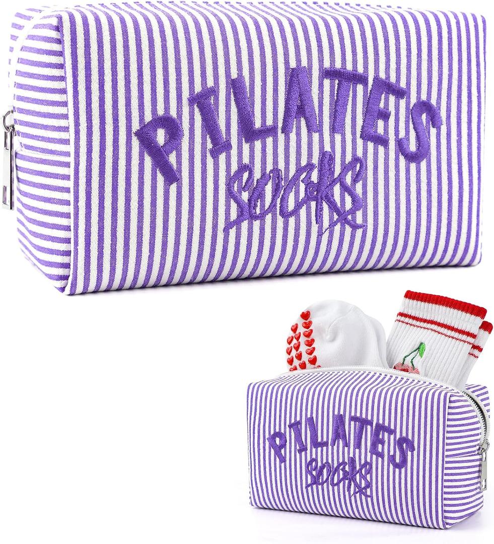 Pilates Grip Socks Bag Embroidered Seersucker Pouch for Women | Cute Makeup Cosmetic Organizer and Gym Bag Accessory for Barre Yoga Reformer, Pilates Princess Gifts in Purple Stripe