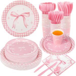 350 Pcs Pink Bow Plates and Napkins, 50 Guest Coquette Party Supplies Include Gingham Paper Plates Bow Napkins Cups Plastic Spoons Forks Knives Birthday Tableware Set for Baby Shower