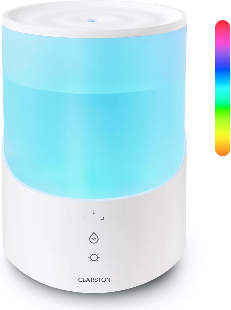 Clarston Humidifiers for Bedroom, 2.5L Cool Mist Humidifier with Essential Oils Diffuser and Nightlight, Top Fill Humidifiers for Home Large Room, Timer, Auto Shut-off, 25H Runtime, White