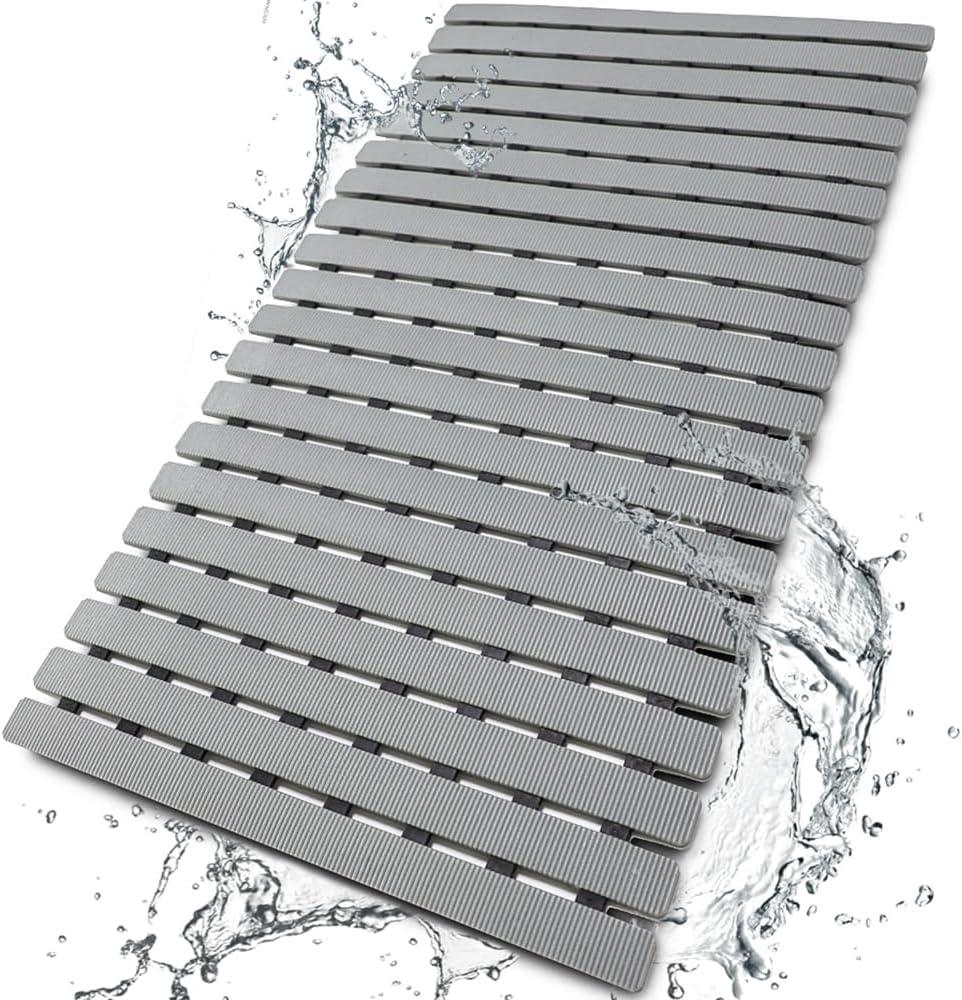 BEMISO Shower Mat Non Slip Bathtub Mat with Suction Cups and Drain Holes 27.5 x15.7 Inch Bath Mat for Tub & Shower. Easy Dry, Easy to Cut, Eco-Friendly (Gray)