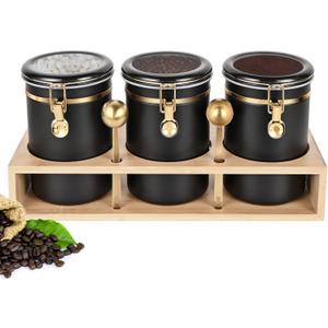 Yangbaga 304 Stainless Steel Coffee Canisters for Ground Coffee,3 x 63 OZ Coffee Container with Shelf Coffee Bean Storage, Food Storage Jar with Gold Airtight Locking Clamp and Spoon for Kitchen