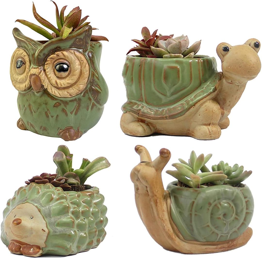 Small Ceramic Succulent Pot with Drainage, Animal Succulent Planter, 4.4 Inch Flower Pots, for Flower, Cactus, Mini Succulent Plants, Indoor and Outdoor use, Set of 4 Garden Gift