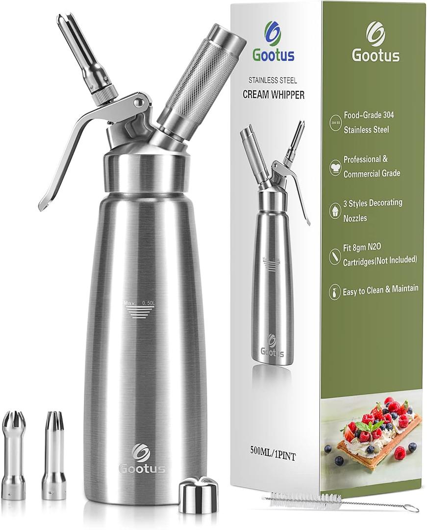 Gootus Professional Whipped Cream Dispenser - Stainless Steel, 500ml / 1 Pint Capacity, Includes 3 Stainless Decorating Nozzles and 1 Brush