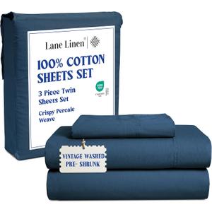 LANE LINEN 100% Cotton Twin Sheet Set  Pre-Washed Cooling Sheets in Soft Percale Weave for Restful Sleep, Fade Resistant Everyday Comfort, Fully Elasticized 15 Deep Pocket, No Pill  Estate Blue