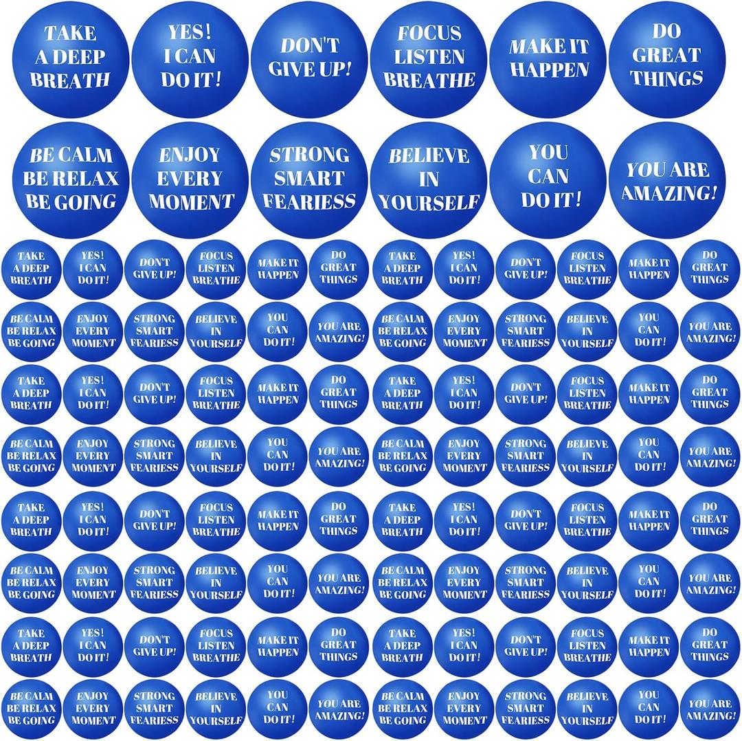 96 Pieces Motivational Stress Balls 2 Inch Inspirational Stress Relief Ball Bulk Hand Exercise Balls Encouraging Blue Foam Balls Anxiety Small Balls with Quotes for Kids Adults Teens, 12 Styles