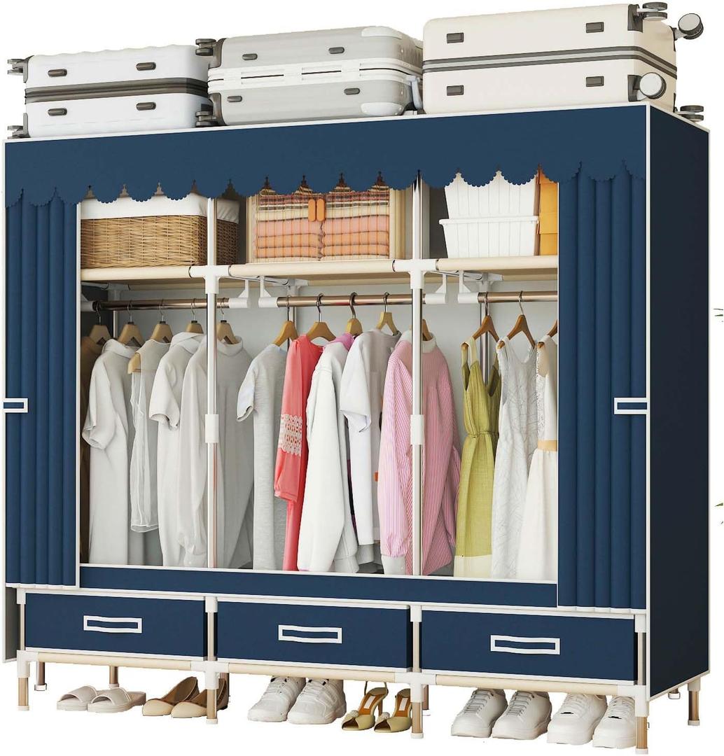 Portable Wardrobe Closet Durable and Easy to Assemble Heavy Duty Clothes Rack with Non-Woven Cover Fabric Best for Bedroom and Easy Storage and Organization (Blue-A), 59" W x 17.7" D x 64.9" H