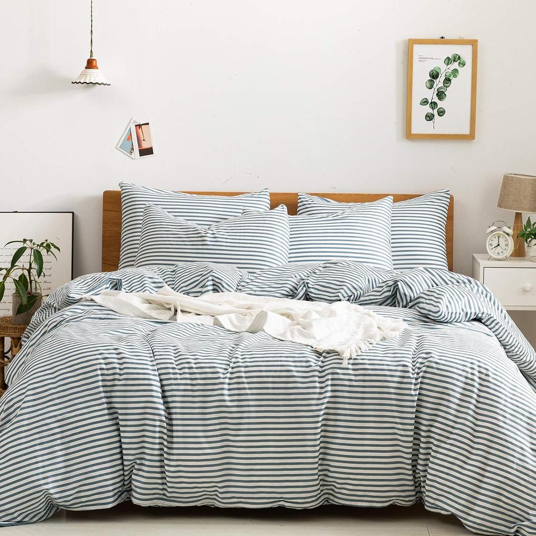 JELLYMONI 100% Natural Cotton 3pcs Striped Duvet Cover Sets,White Duvet Cover with Grayish Blue Stripes Pattern Printed Comforter Cover,with Zipper Closure & Corner Ties(Full Size)