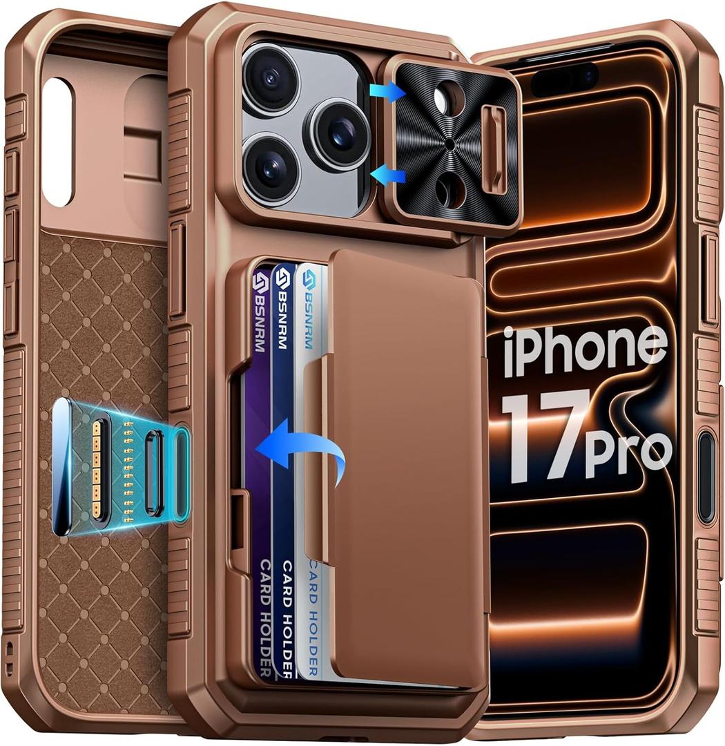 for iPhone 17 Pro Case Wallet, Built-in RFID Blocking Card Holder (4-5 Cards), Camera Control Button, Slide Camera Cover, Shockproof Rugged Silicone Phone Case for iPhone 17 Pro, Desert Gold