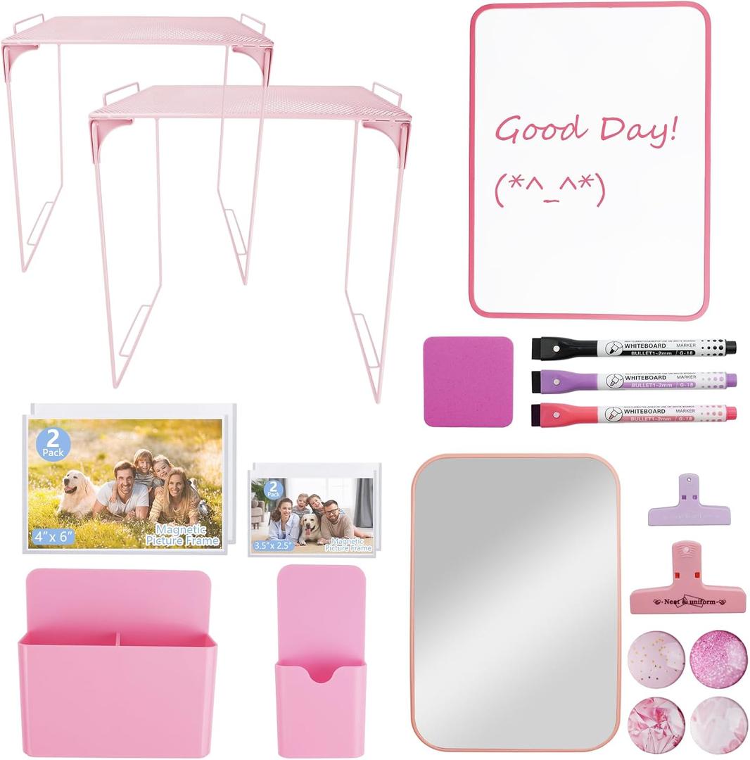 20 PCS Locker Accessories with 2 Locker Shelf, Pink Locker Decoration for Girls, Back to School Essentials Magnetic Locker Organizer, Mirror, Whiteboard, Pen Holder, Magnetic Picture Frame and Magnets, Small