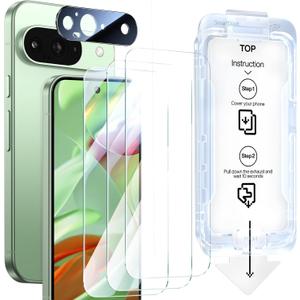 SMARTDEVIL 3 Pack Screen Protector for Google Pixel 9 with Camera Lens Protector, Finger Print Reader Compatible, Fast & Easy Installation, Clear 9H Tempered Glass Film, Alignment Frame