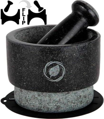 Laevo Mortar and Pestle Large Set - Black Granite Stone Spice Grinder, 2.1 Cup Capacity, 5.5 Inches - Reversible Molcajete Mexicano - Guacamole, Spices - Large Mortar and Pestles Set