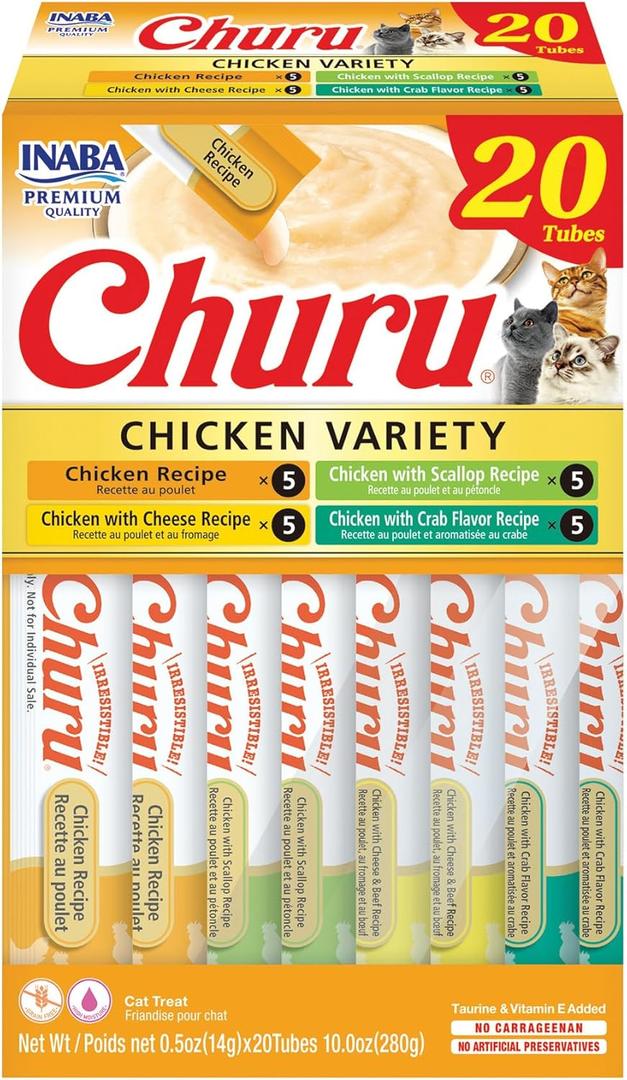 INABA Churu Cat Treats, Lickable, Squeezable Creamy Pure Cat Treat with Green Tea Extract & Taurine, 0.5 Ounces Each Tube, 20 Tubes, Chicken Variety Box (EXP 04/09/28)