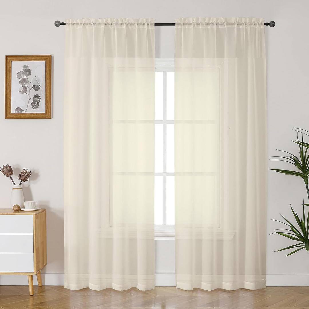 Gwine Cream Sheer Curtains 90 Inches Long 2 Panels Set, Light Filtering Solid Filmy Drapes for Living Room Bedroom, Elegant Soft Rod Pocket Voile Sheer Window Curtains, 42Wx90L Inch, 2 Pack, Cream