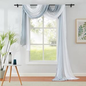 1 Piece Ombre Chiffon Sheer Window Scarf Valance Curtain 18ft for Living Room Bedroom Decor, 216 Inch Long Crinkle Soft Window Sheer Voile Valance for Holiday, Wedding Party Decor, Grey, 52"W